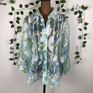 Coldwater Creek sheer button up blouse pleated blue/green semi sheer watercolor